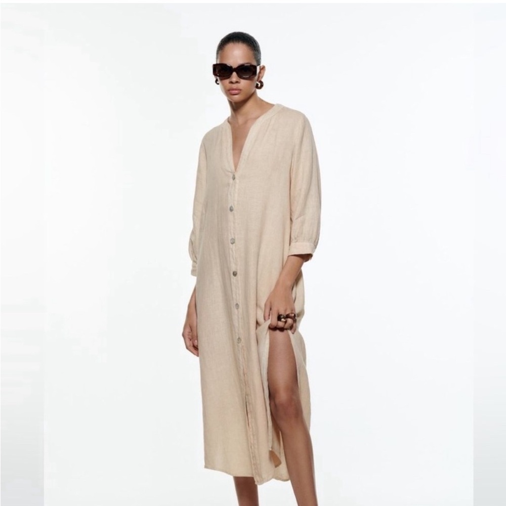 NWOT Zara Linen Oversized Beige Midi Tunic Dress